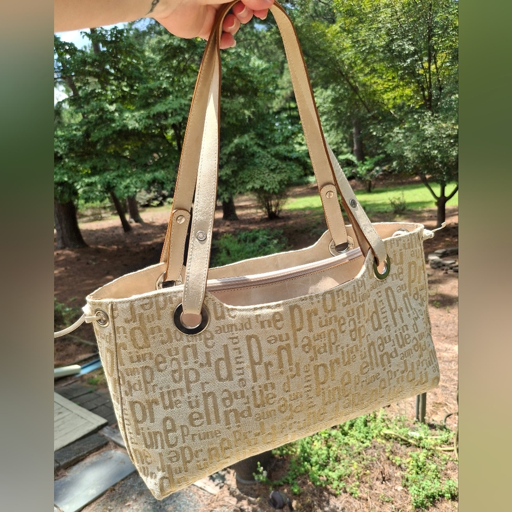 Prune Logo Print Soft Cream/Tan Canvas & Tan Leather Trim Shoulder Bag - Picture 2 of 15